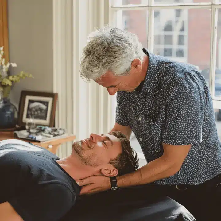 osteopaat behandeld de nek van een man